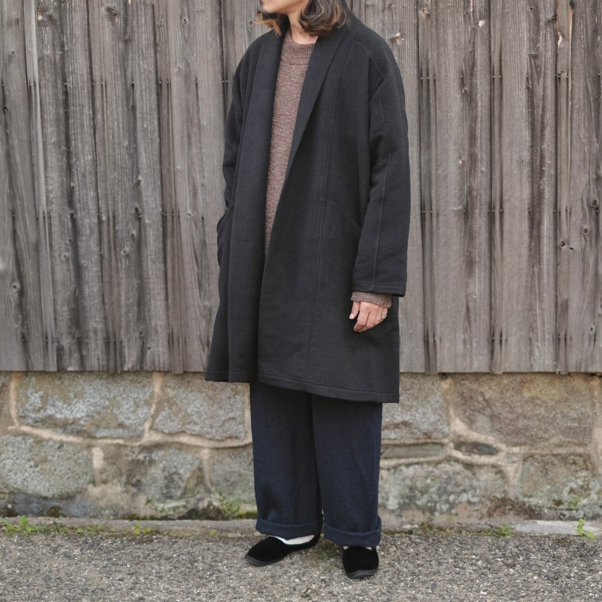 MITTAN / ウールシルクキャメル半纏コート (紐付き) / CT-43 / 黒 | ga