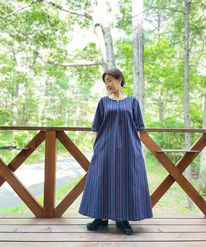 会津木綿 フロントタックワンピース 【オーダーをいただいてからの製作