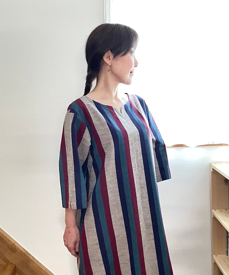 会津木綿　チュニック　ワンピース　ハンドメイド　No.155 会津木綿 キーネックチュニックワンピース 【オーダーをいただいてから