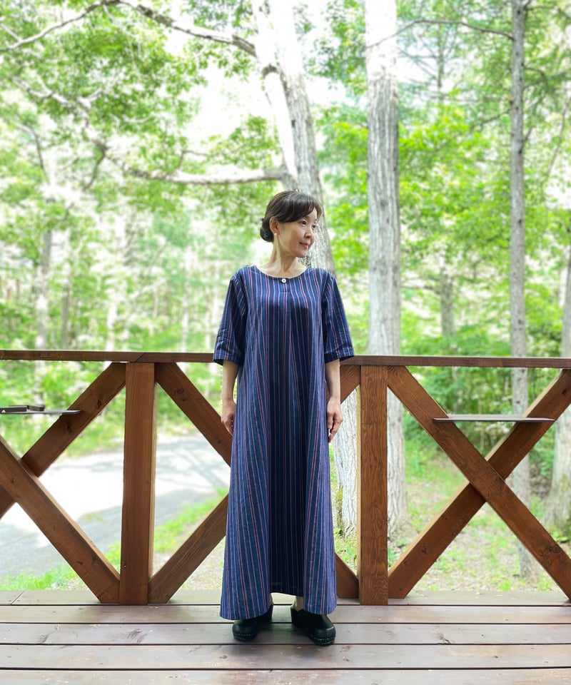 会津木綿 フロントタックワンピース 【オーダーをいただいてからの製作