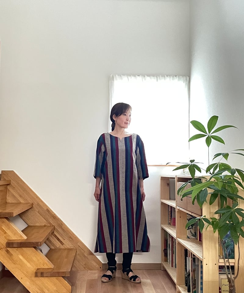 会津木綿　チュニック　ワンピース　ハンドメイド　No.155 会津木綿 キーネックチュニックワンピース 【オーダーをいただいてから