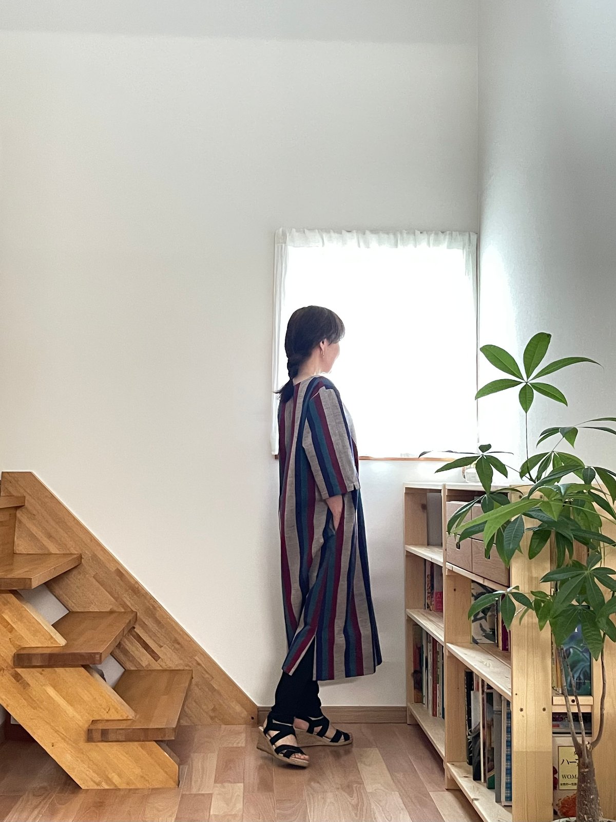 会津木綿　チュニック　ワンピース　ハンドメイド　No.155 会津木綿 キーネックチュニックワンピース 【オーダーをいただいてから