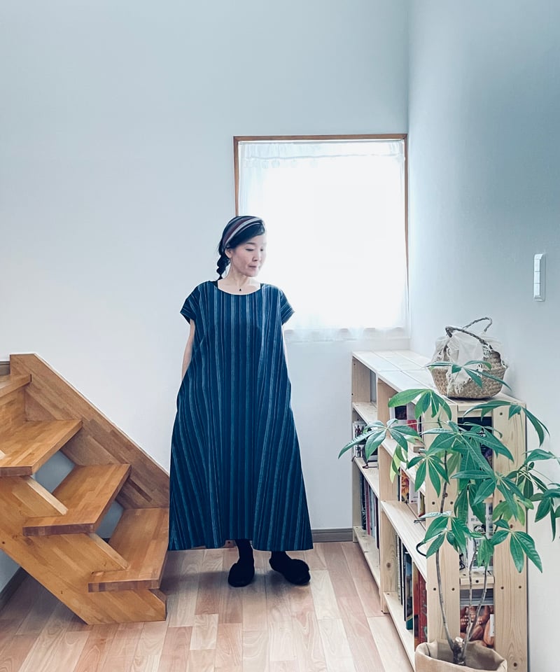 会津木綿 フレンチスリーブのAラインワンピース 【オーダーをいただい