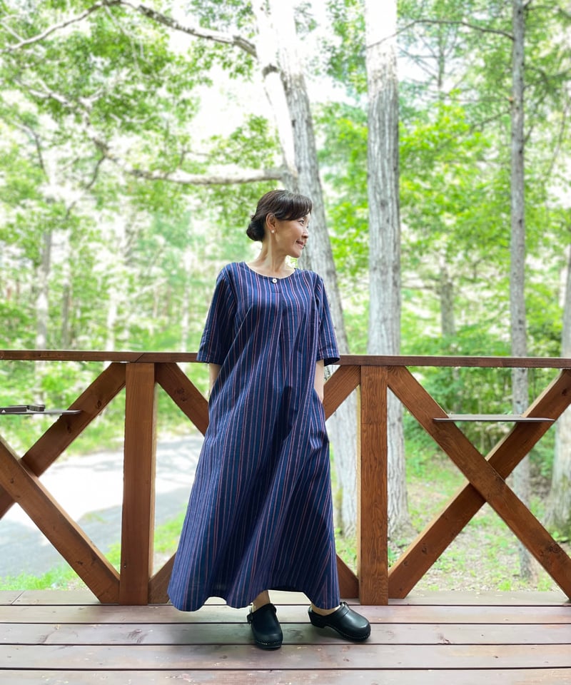 会津木綿 フロントタックワンピース 【オーダーをいただいてからの製作