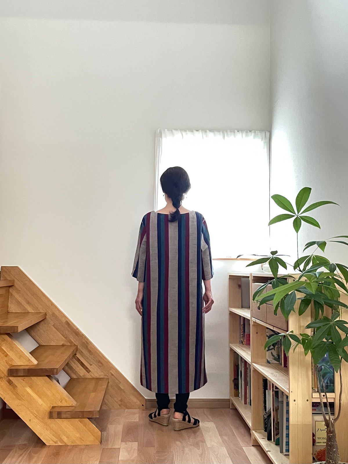 会津木綿　チュニック　ワンピース　ハンドメイド　No.155 会津木綿 キーネックチュニックワンピース 【オーダーをいただいてから