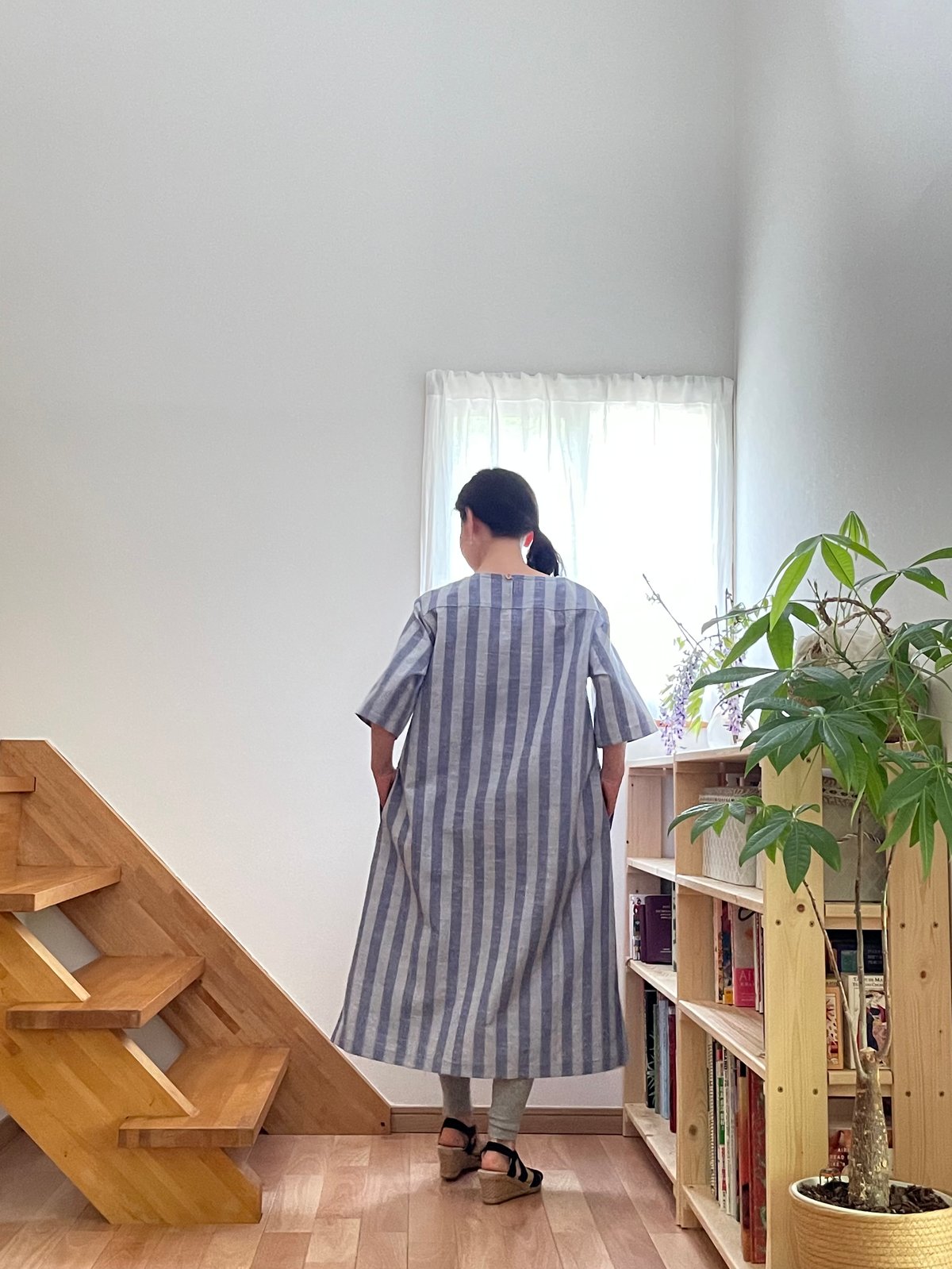 会津木綿　チュニック　ワンピース　ハンドメイド　No.155 会津木綿 ハーフスリーブチュニックワンピース 【オーダーをいただいて
