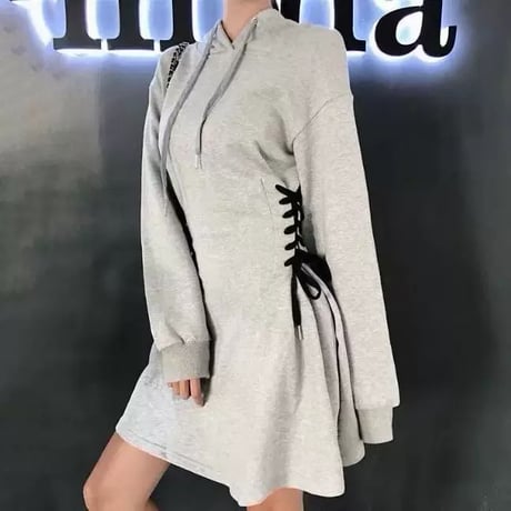 side編み上げフードワンピ 2色