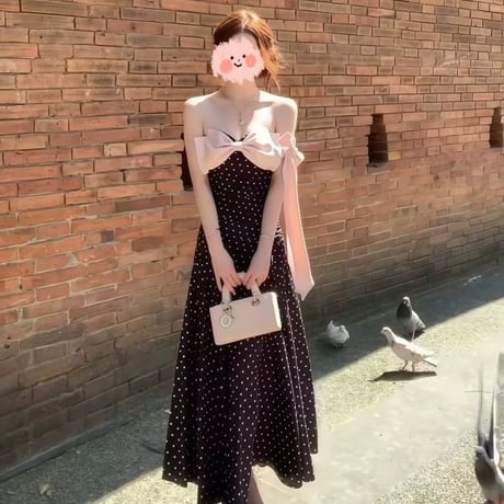 リボンオフショルドットOP