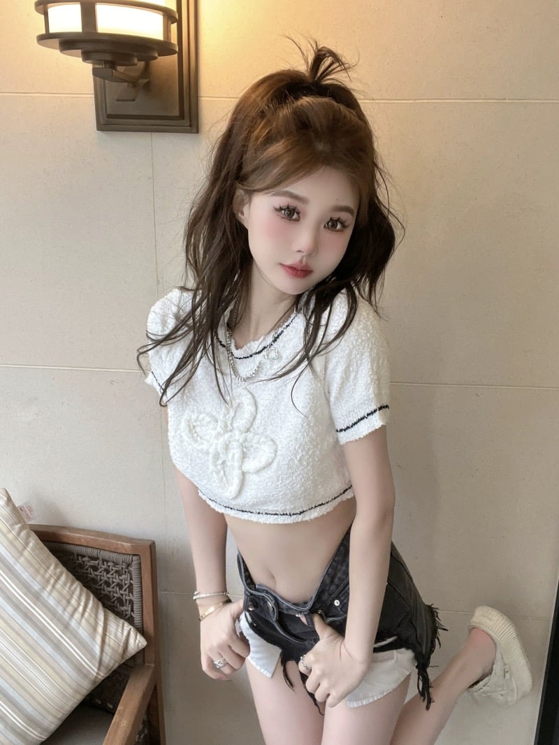 nude vintage クロシェット　トップス ジップデザインクロップドニットトップス[品番：MKSW0060846