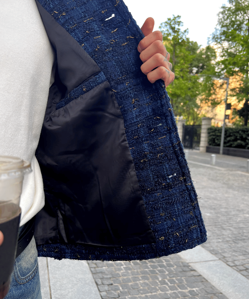 Rich tweed round neck jacket (blue) | The slowl