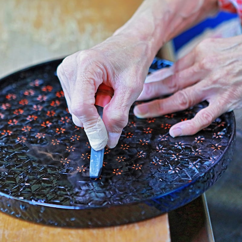 籃胎漆器 アジロ丸盆1枚 尺（朱仕上） サイズ：直径30.5cm×高さ2cm