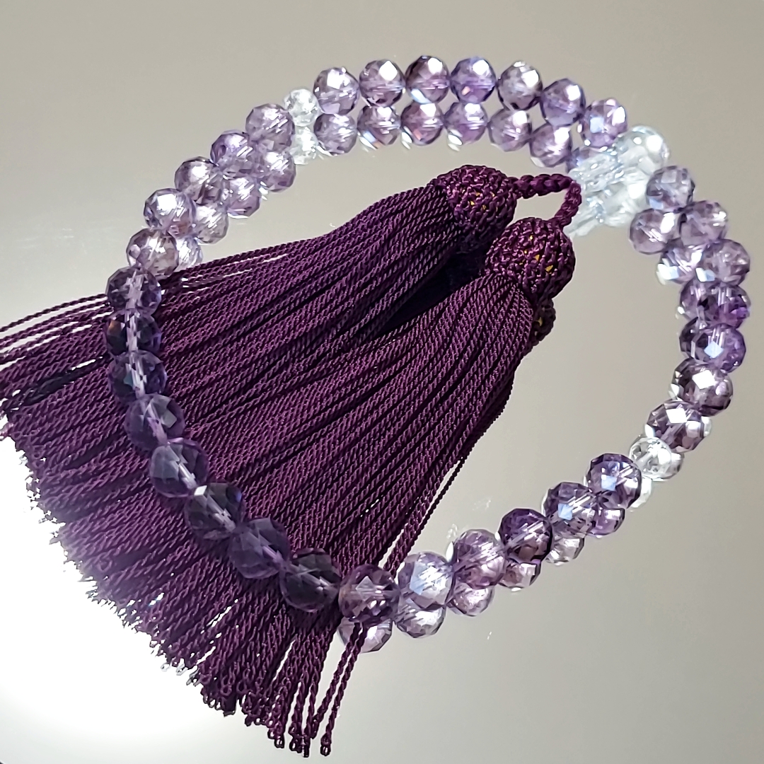 新品 念珠 数珠 女性用 紫水晶 水晶 アメジスト 64面 切子カット人絹頭 