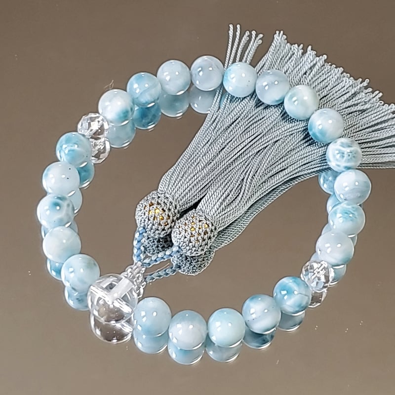 新品 念珠 数珠 男性用 ラリマー アイスラリマー 水晶 水晶 正絹 頭付 