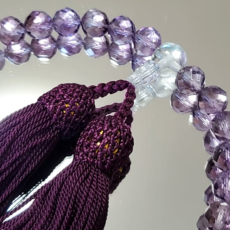 新品 念珠 数珠 女性用 紫水晶 水晶 アメジスト 64面 切子カット人絹頭 