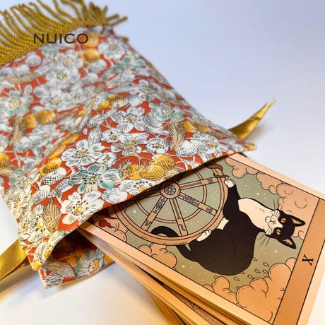 巾着フリンジタロットポーチ　モアレホワイト×チェリーブロッサム（オレンジ）