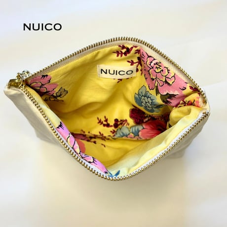 インドリボンファスナーポーチL　ホワイト&ブラック×pinkindia