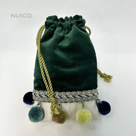 １点もの＊深緑のボンボン別珍巾着ポーチ
