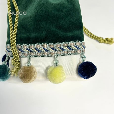 １点もの＊深緑のボンボン別珍巾着ポーチ