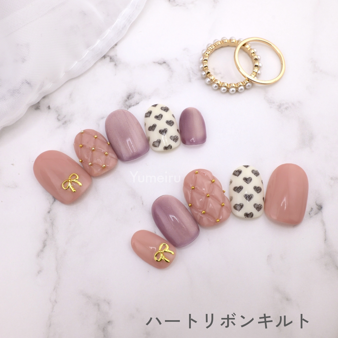 【No.014】ネイルチップ♡ハート♡キルティング♡ツイード♡リボン ハートリボンキルト | yumeiru
