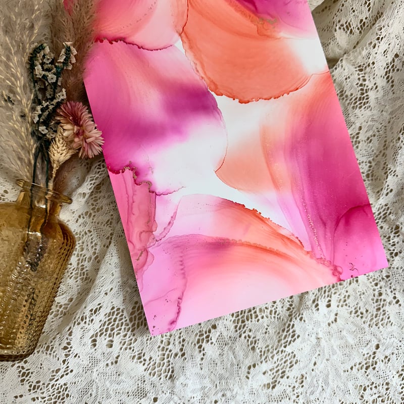 アルコールインクアート ピンク 紫 黄色 レジン パネル 木製 29.6×21