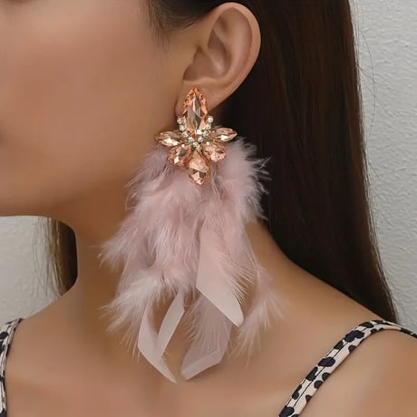 イヤリング ピンクの羽 沢のあるラインストーン アクセサリー 装飾 エレガント