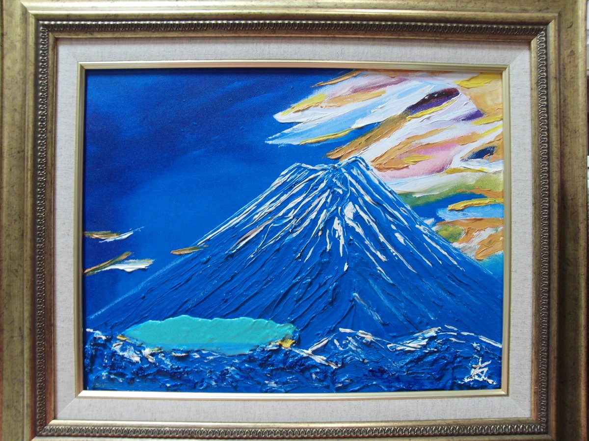 美品　富士山と湖の油彩画　日本画 富士山 ≪国美協≫TOMOYUKI・友之、『富士山 風と湖』、油彩画、F6号：40,9×31