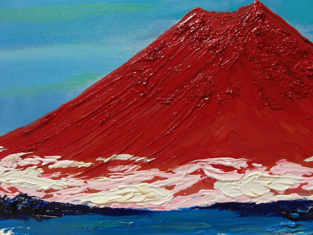 【真作】絵画　油彩4号　赤富士　雲海に映える神秘　黎明の富士　Y121 油絵】【雲海の朝焼けに染まる富士山】#油絵 #手書き #アート #絵画
