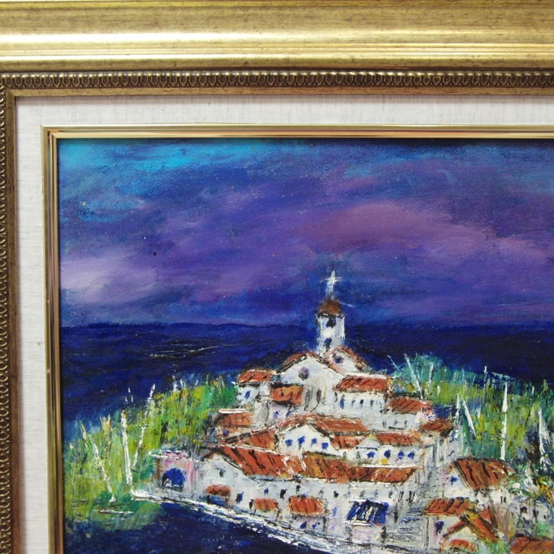 【花】南　美穂子作　油彩画 金色フレーム付き ≪国美協≫南 美穂子、『岬の修道院(南イタリア)』、油彩画、F6号：40