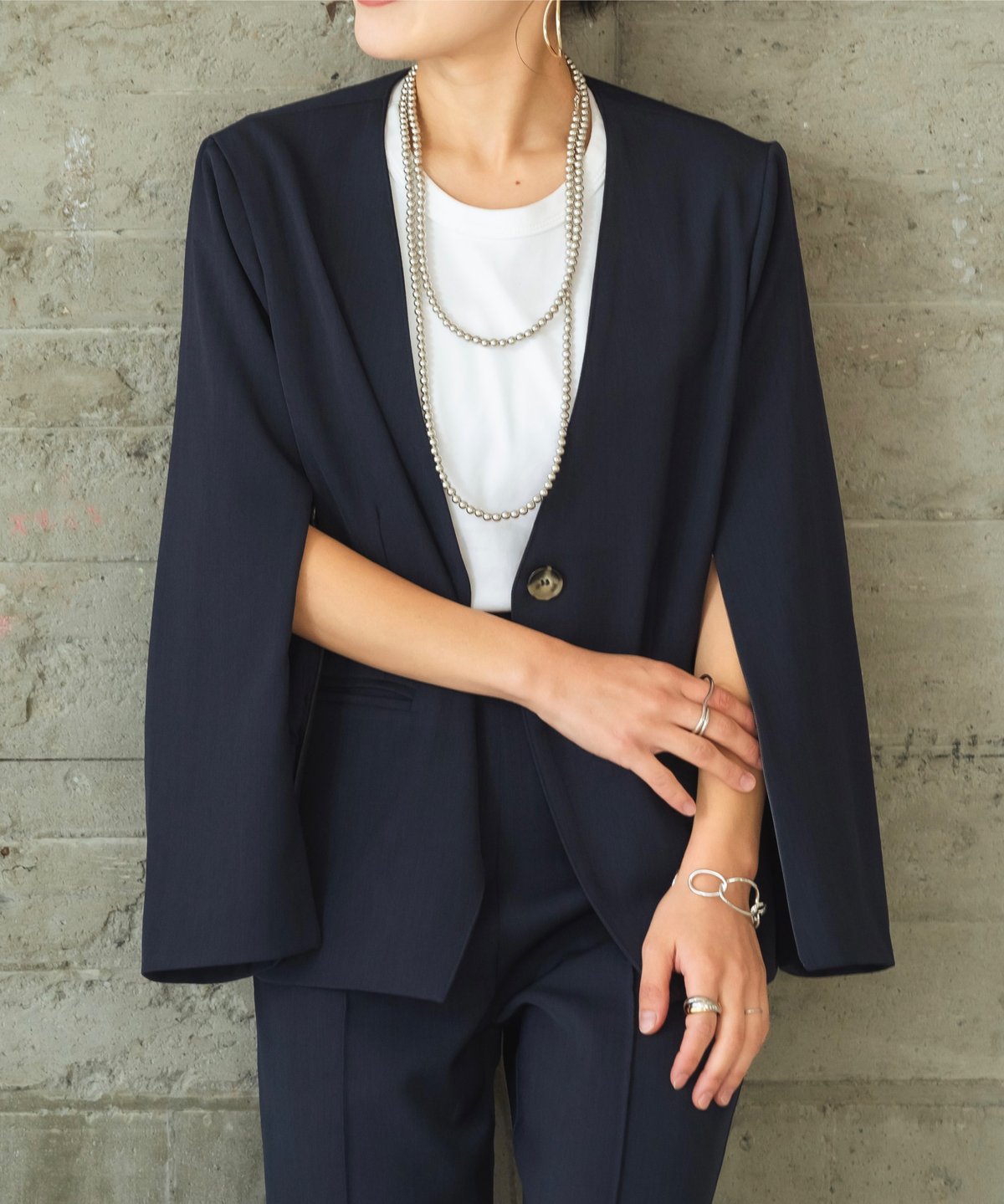 yori ノーカラーコクーンジャケット　ネイビー DETAILS ジャケット ノーカラージャケット women/ノーカラー