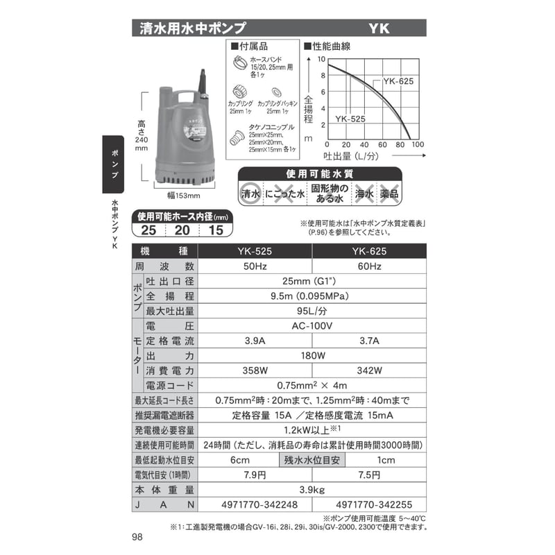 工進(KOSHIN) 清水用 水中 ポンプ YK-525 AC-100V 50Hz 口径 25