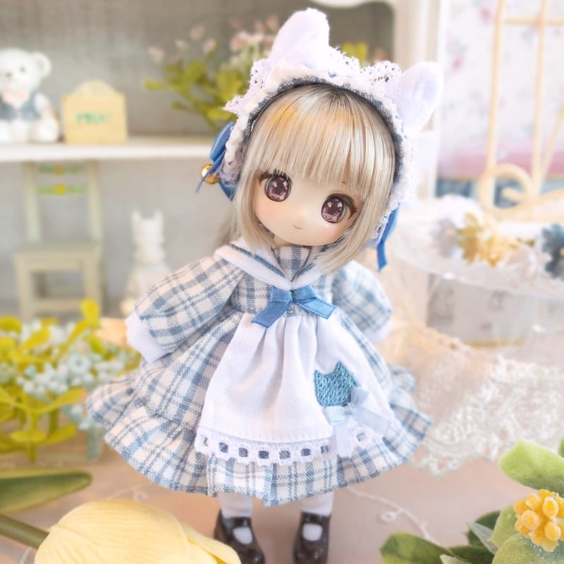 【ピコニーモP専用】セーラーワンピース ラベンダー 906 白猫の水色チェックセーラーワンピース【オビツ11/ピコニーモP】 | elmomon