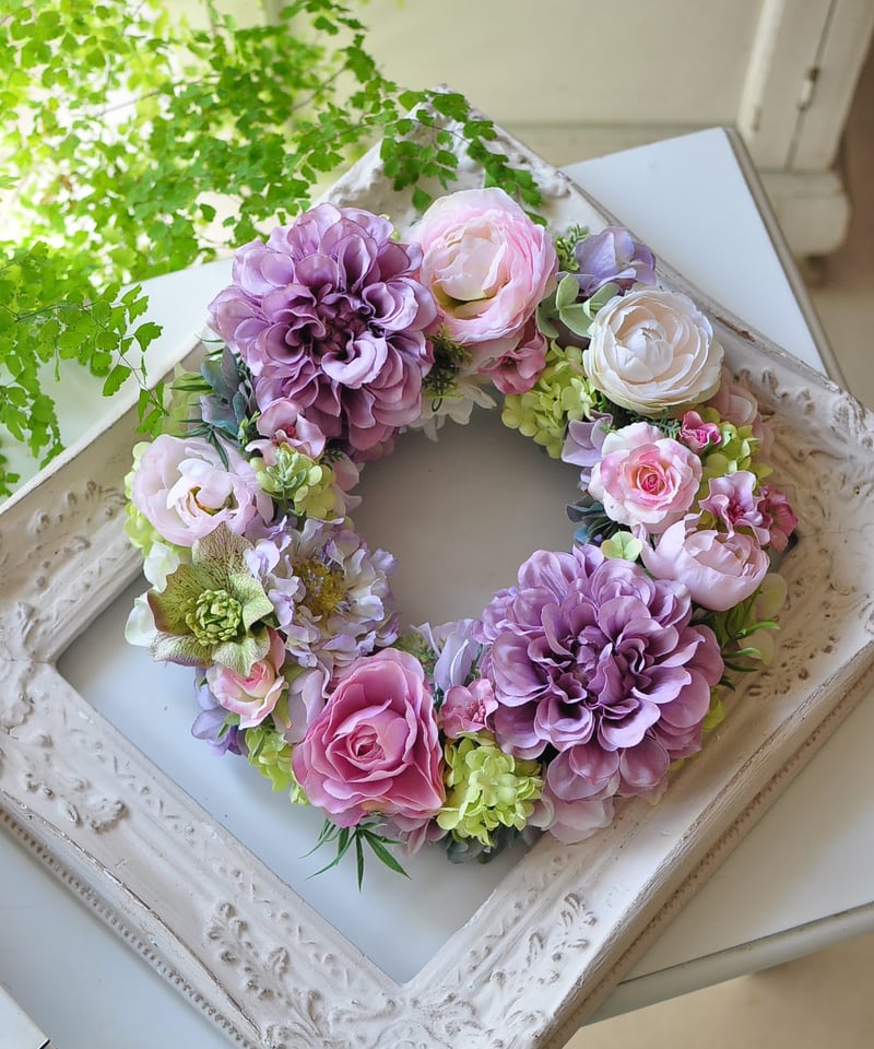 【SALE】ピンク＆パープル　フラワーリース　造花 アーティフィシャルフラワーのリース Mサイズ | Florism Angelika