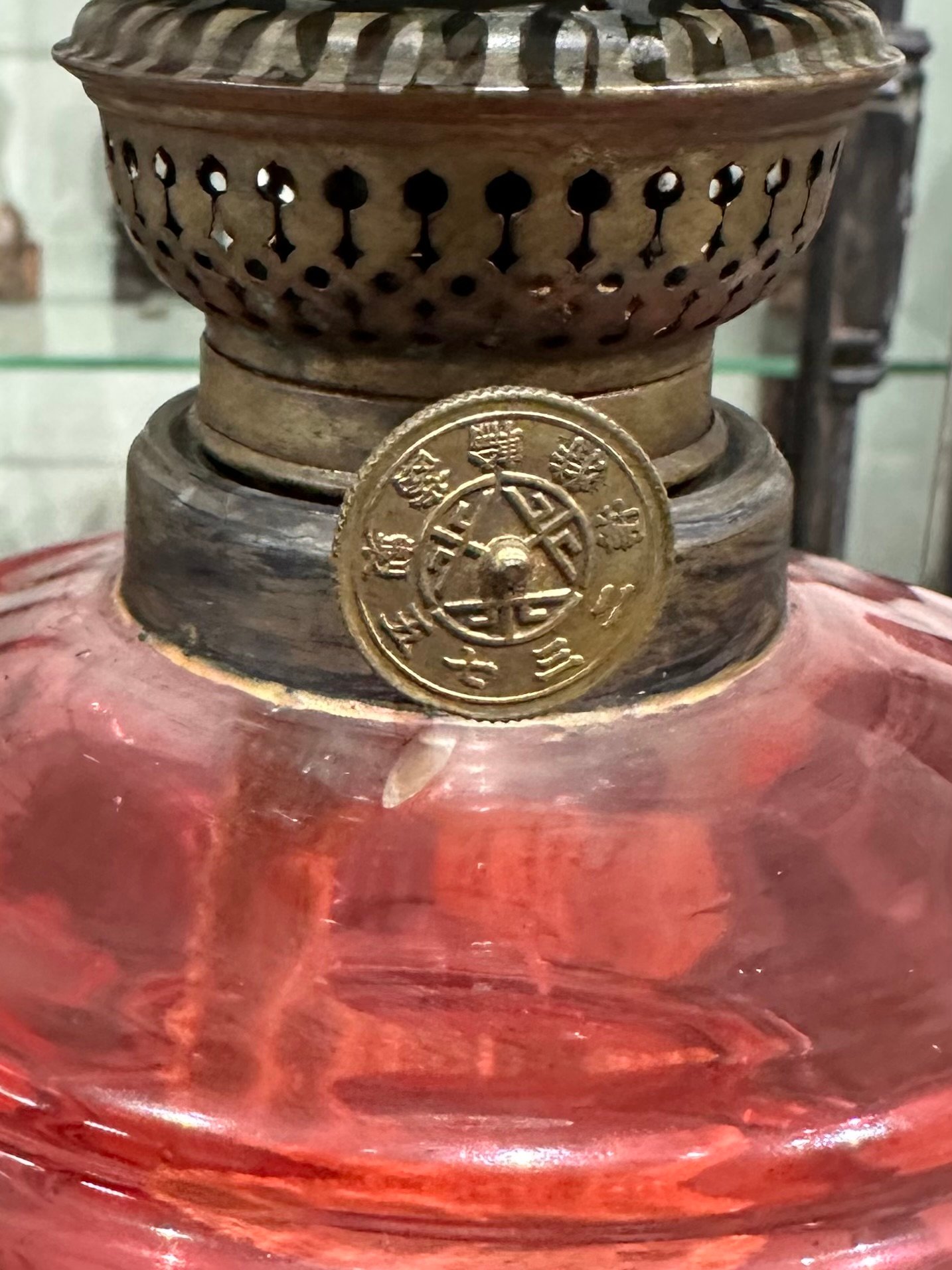 明治期 ガラス製大型オイルランプ花蕾型ランプ/切子油壷/ 水色練台座 台ランプ original