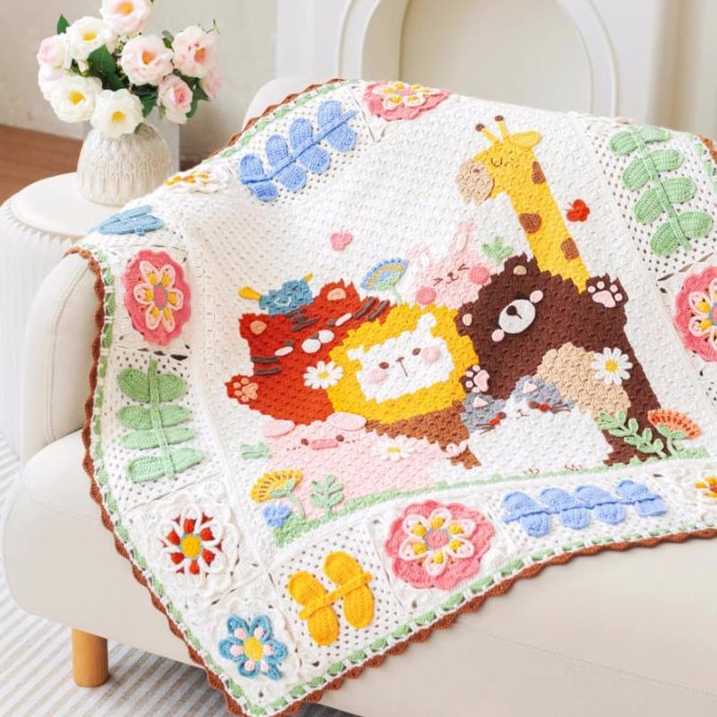 ハンドメイド　手編みブランケット ハンドメイド可愛い 動物 ガーデン ブランケット 手編みレシピ 作り方