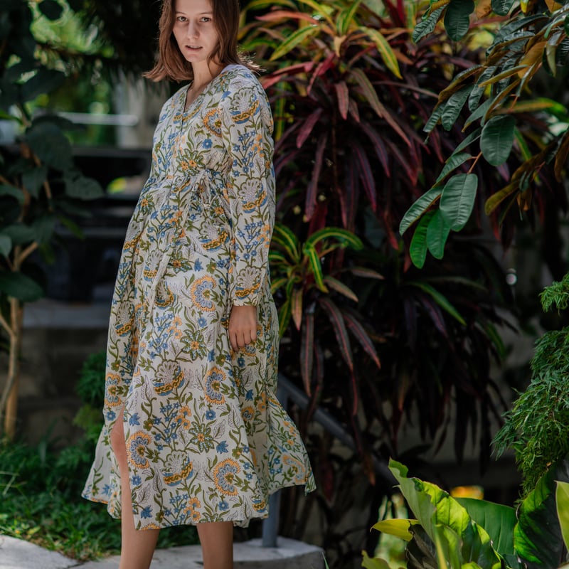 インド綿（ハンドブロックプリント）カシュクールワンピース（羽織