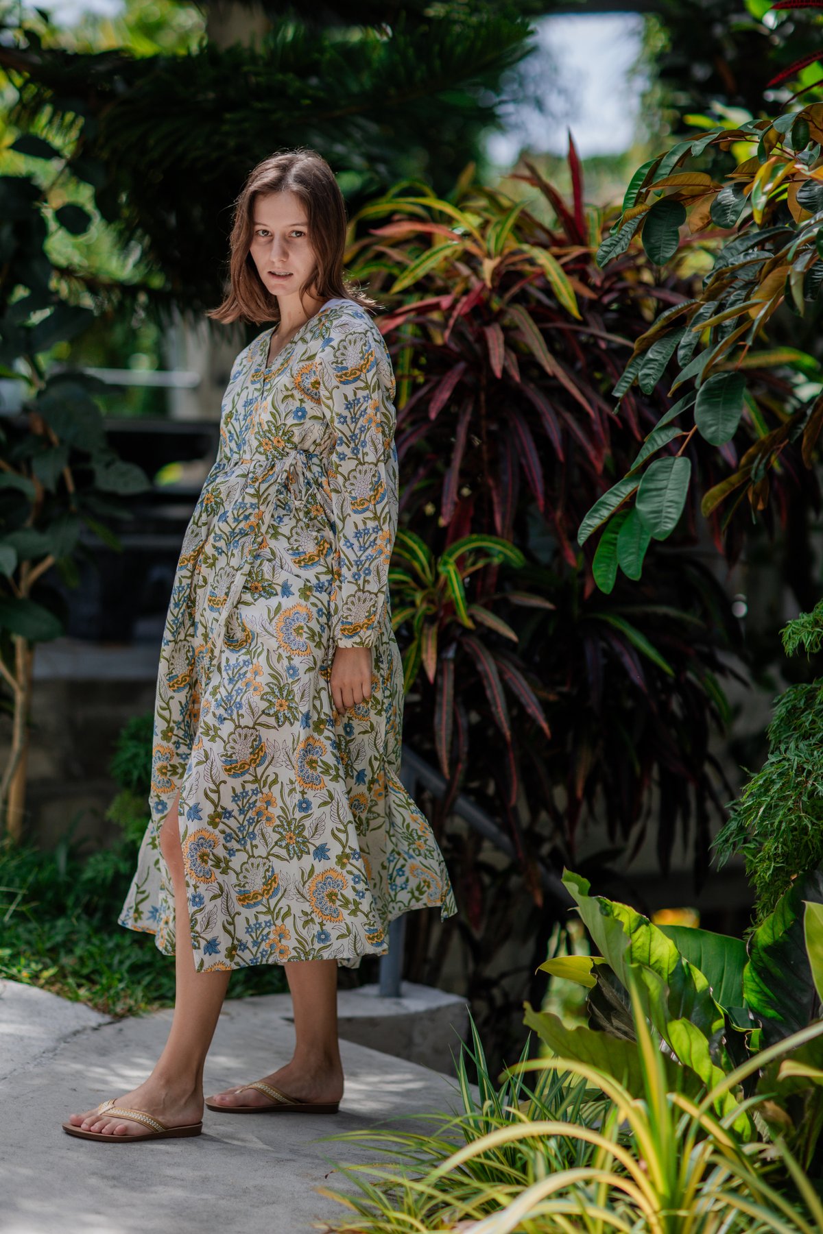 インド綿（ハンドブロックプリント）カシュクールワンピース（羽織