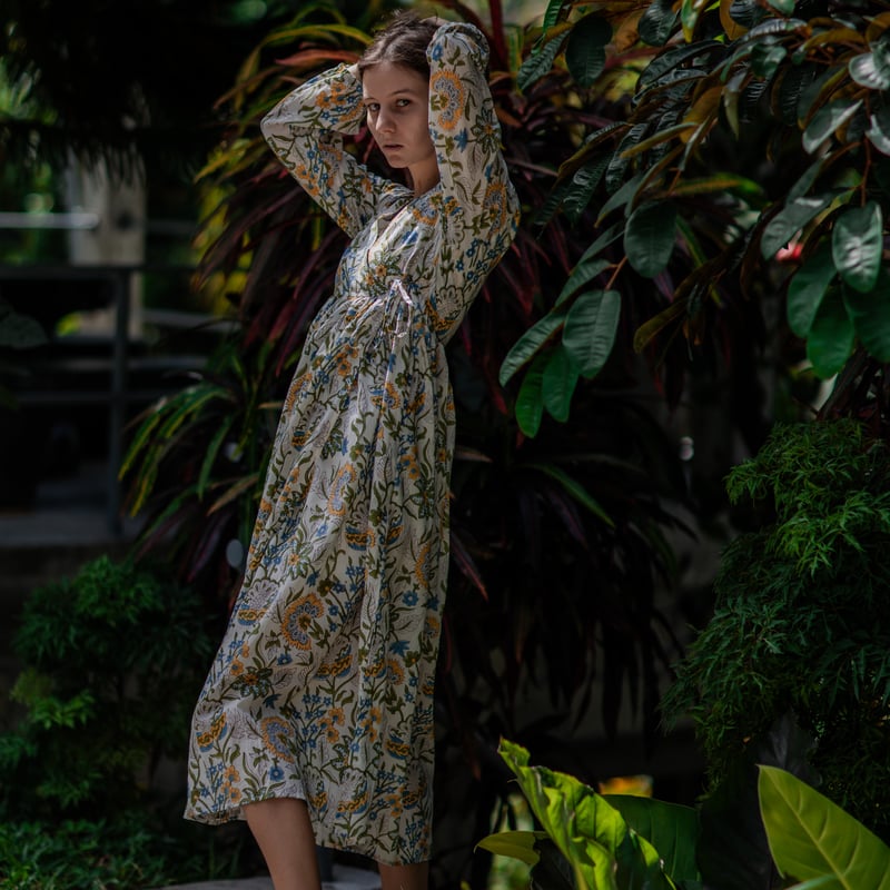 インド綿（ハンドブロックプリント）カシュクールワンピース（羽織