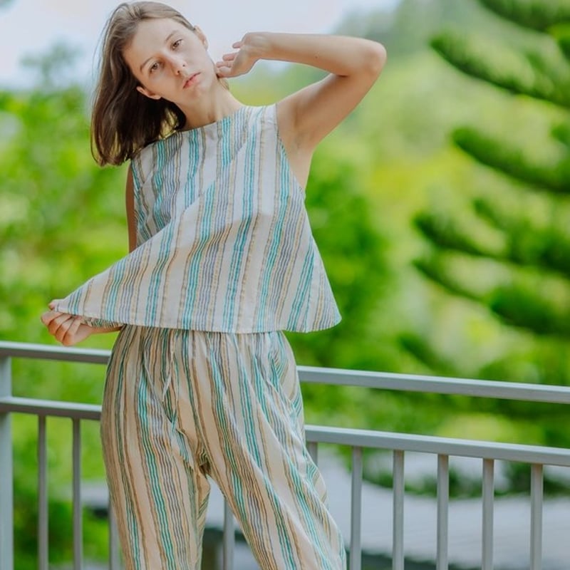 バッククロスtops + サルエルパンツセットアップ／インド綿/スクリーン 