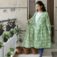 ハンドブロックプリントコットンのカシュクールワンピース（羽織）7部丈