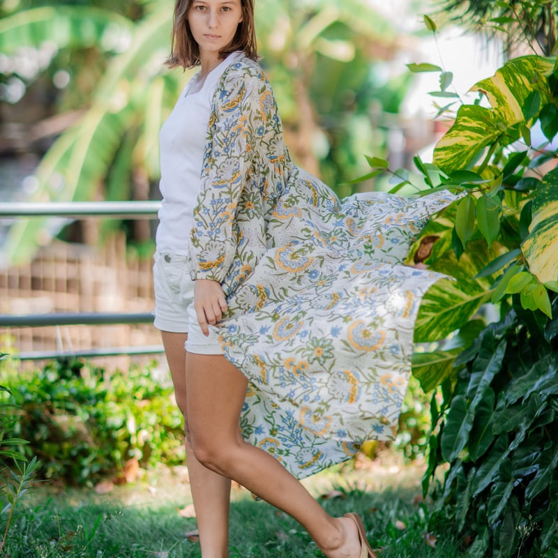 インド綿（ハンドブロックプリント）カシュクールワンピース（羽織