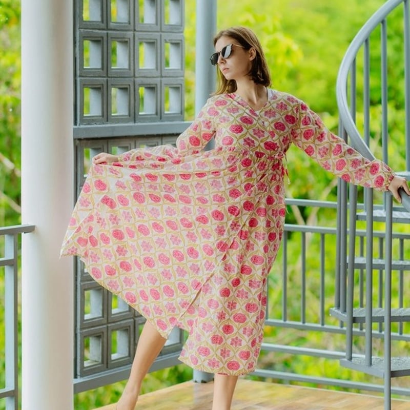 ブロックプリント インド綿 ふんわりカシュクールワンピース 授乳