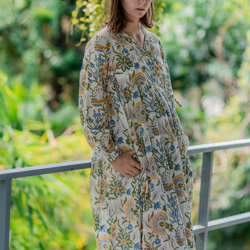 インド綿（ハンドブロックプリント）カシュクールワンピース（羽織