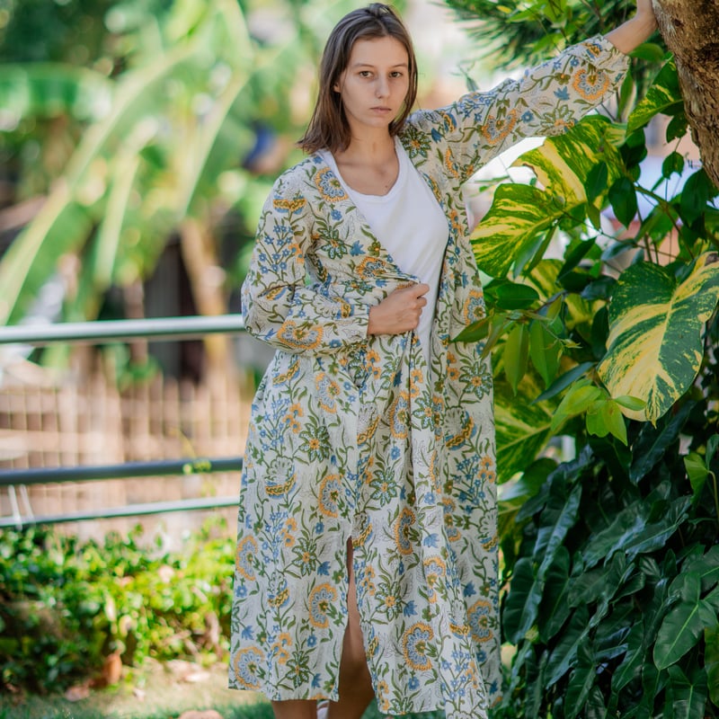 インド綿（ハンドブロックプリント）カシュクールワンピース（羽織