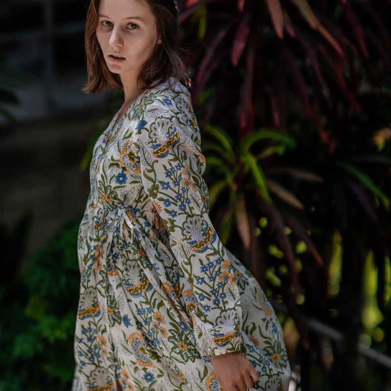 インド綿（ハンドブロックプリント）カシュクールワンピース（羽織