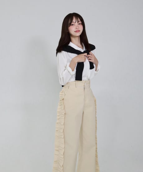 Side ruffle wide pants (beige)