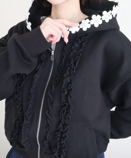 LW flower trim ruffle hoodie