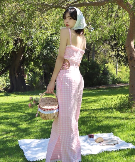 Candy gingham cut-out dress (pink)