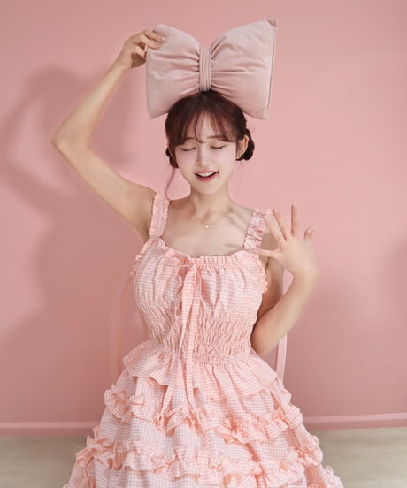【予約商品】LW Frill lined plaid cake dress (pink)