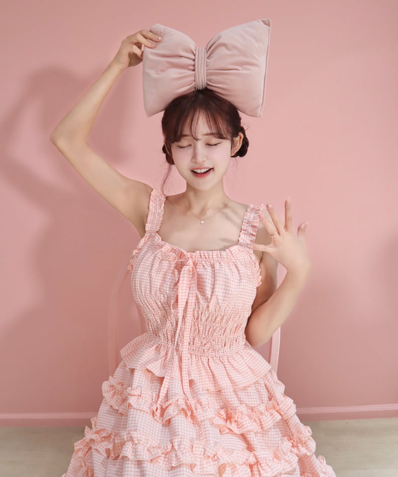 予約商品】LW Frill lined plaid cake dress (pink) |