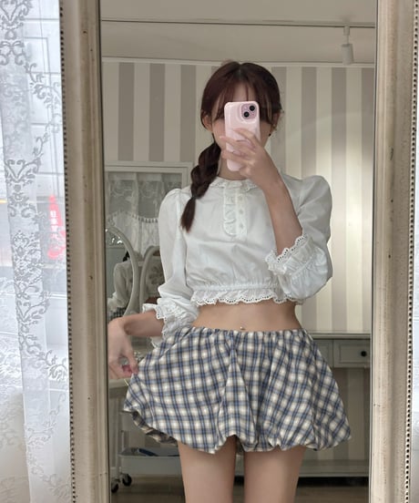 【予約販売】Daisy lace cropped blouse • Eyelet cotton skirt with ribbons